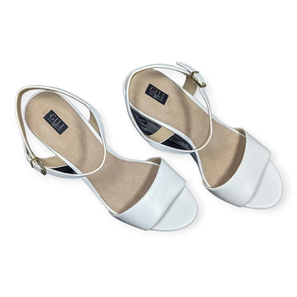 G.I.L.I. Wedges Saraya Leather Irovy‎ & Blue Sandals with Buckle Closure NIB NWT